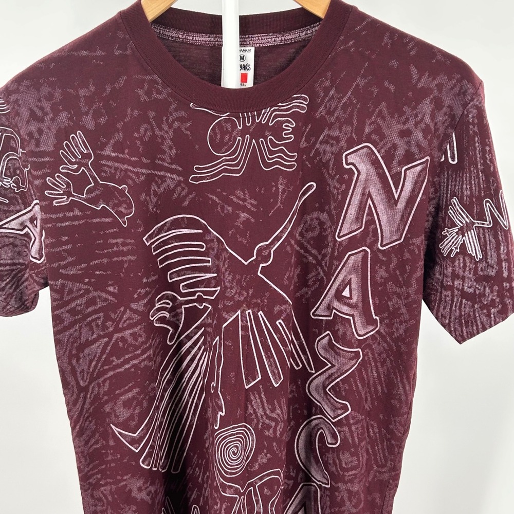 Y2K Peru Graphic Tee Burgundy All Over‎ Print Boho Skater Medium